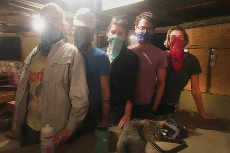 5 people with bandanas over their noses and mouths standing in a dimly lit room