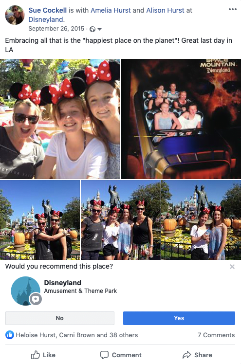 A screenshot of a facebook post featuring a family at Disneyland