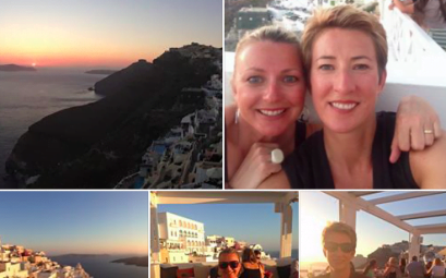 A Screenshot of various pictures of two smiling blonde women on holiday in the sunshine