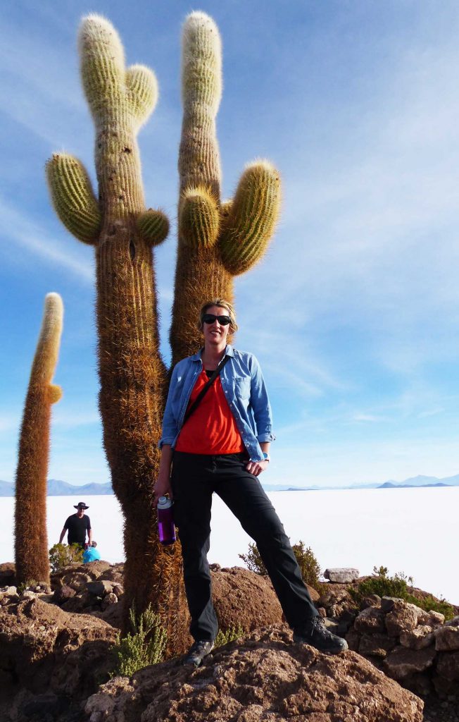 SWWW by a giant cactus, Bolivia, Salar de Uyuni (Salt Flats)