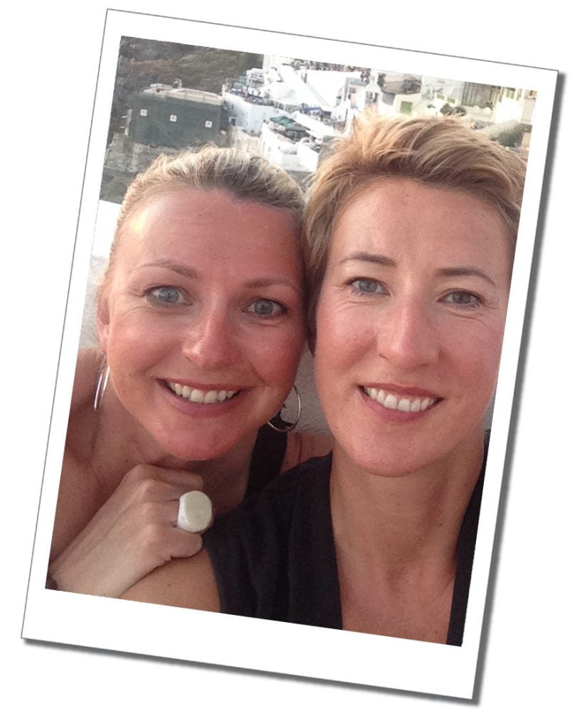 SueWhereWhyWhat and Sister take a close up selfie, Santorini, Greece.