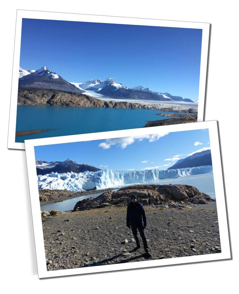 A woman in sun glasses standing alone in front of a glacier