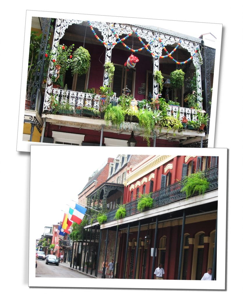 A parade of balconies outside the flats and houses with shops, New Orleans