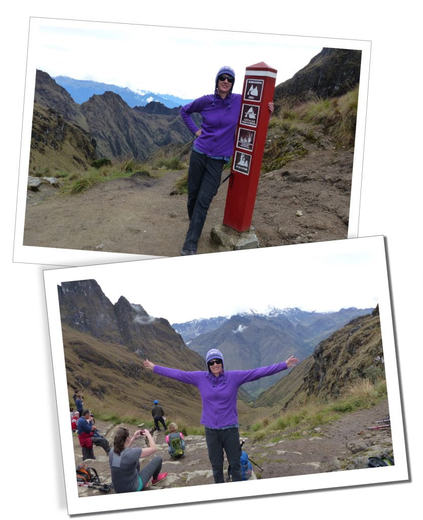 SueWhereWhyWhat & sign post, Inca Trail, Peru