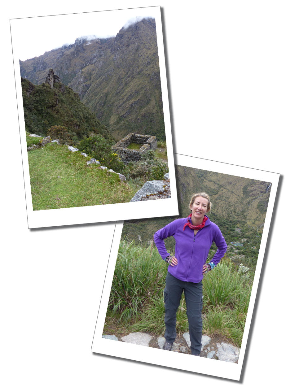 SueWhereWhyWhat smiling & the breath-taking scenery of the Inca Trail behind her, Peru