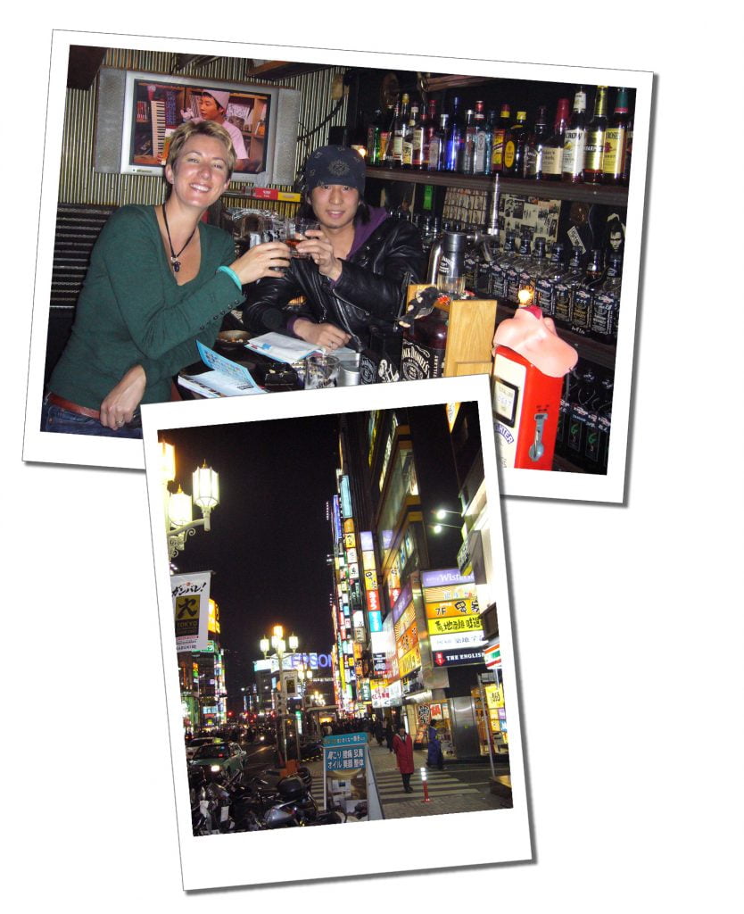 SueWhereWhyWhat in a bar drinking in Japan and a street scene.
