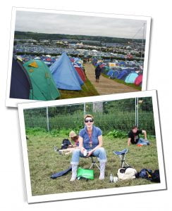2 pictures one of hundreds of tents and one of SueWhereWhyWhat sitting on a camping chair in Wellington boots and sunglasses while volunteering for Oxfam at Bestival festival in Dorest, UK