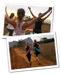 Two pictures of SueWhereWhyWhat One practising Yoga at Sunrise in Viñales, the other walking with a friend along a dirt track with a Yoga mat on their backs