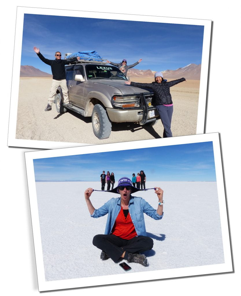 SueWhereWhyWhat leans up a Jeep with her arms spread out with two friends, hanging on the side of the vehicle smiling & with the use of the flat perspective, pretends to balance 6 people, 3 on each site from her hat flaps and slide down the back of a toy diplodocus dinosaur, Uyuni Salt flats in Bolivia