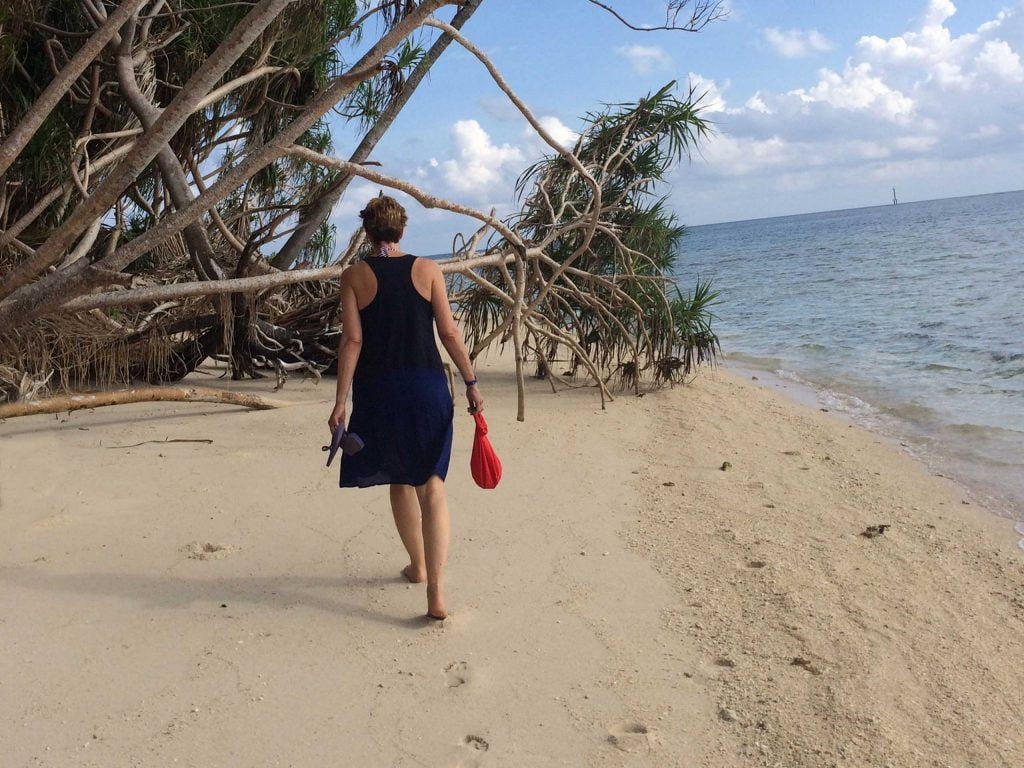 Travelling With Grief title pic of the back view of SueWhereWhyWhat walking with no shoes and carrying a red bag on the beach in front of a fallen palm tree