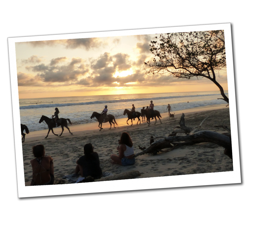 Horses and people on Santa Teresa Beach at sunset, Costa Rica