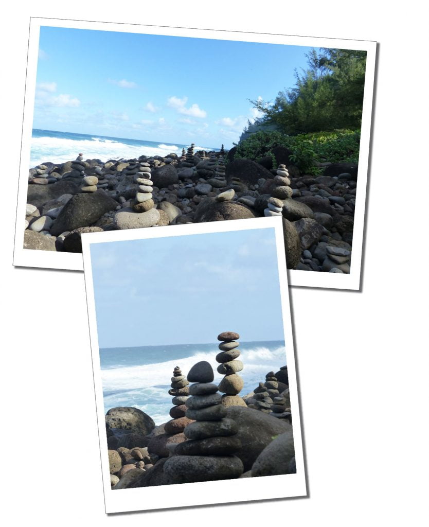 Piles of different sized stones, Kauai beach, Hawaii