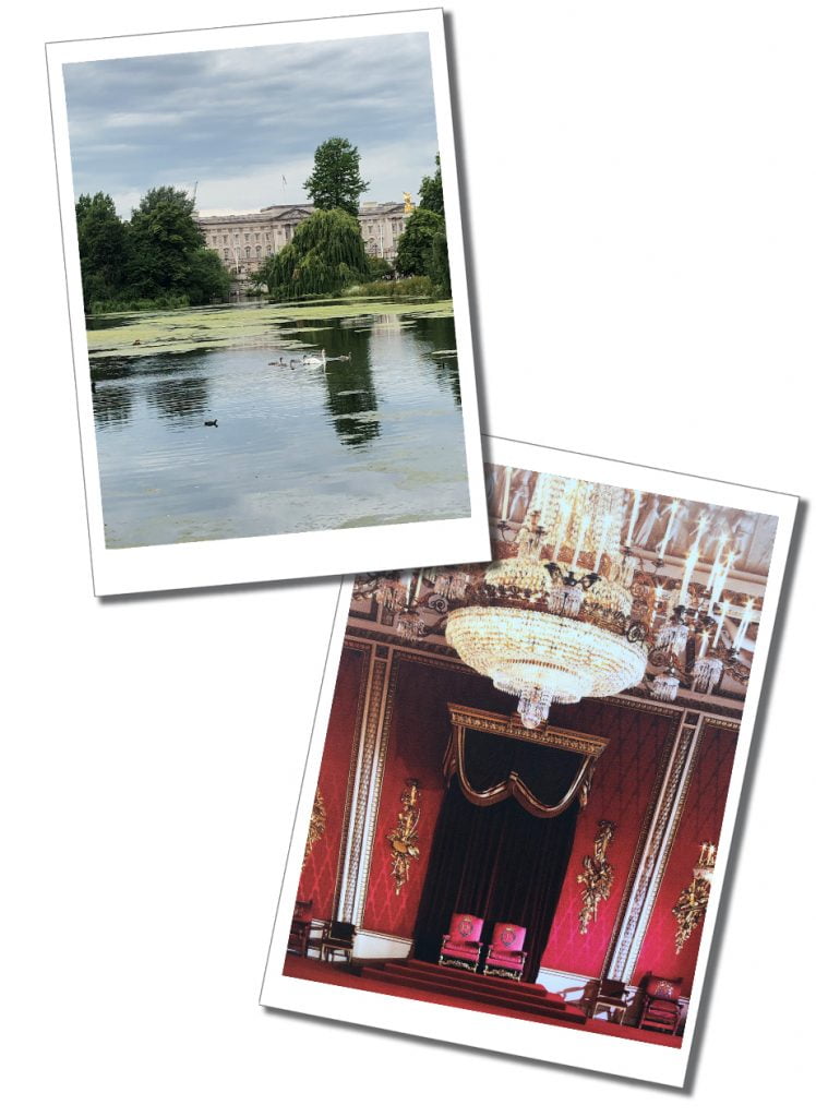A view from St James park of a lake with swans and the inside of the throne room with two thrones beneath a giant chandelier