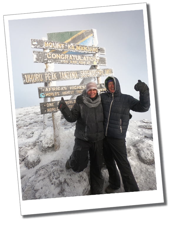 Two Women in warm blue coats with their arms spread wide standing in front of a large sign post at the top of a snow covered mountain