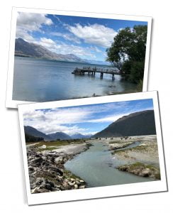 Views of the river, jetty and mountains at Kinloch, New Zealand