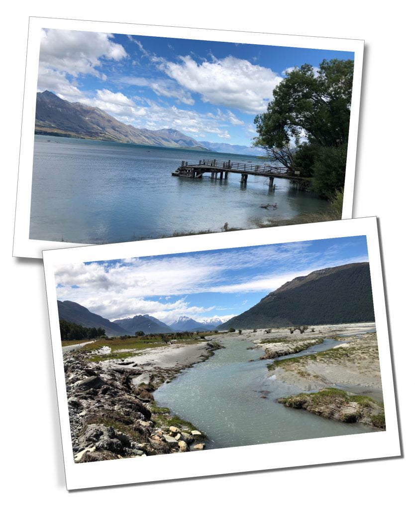 The wide mountain bordered lake and turquoise river bed and valley at Kinloch