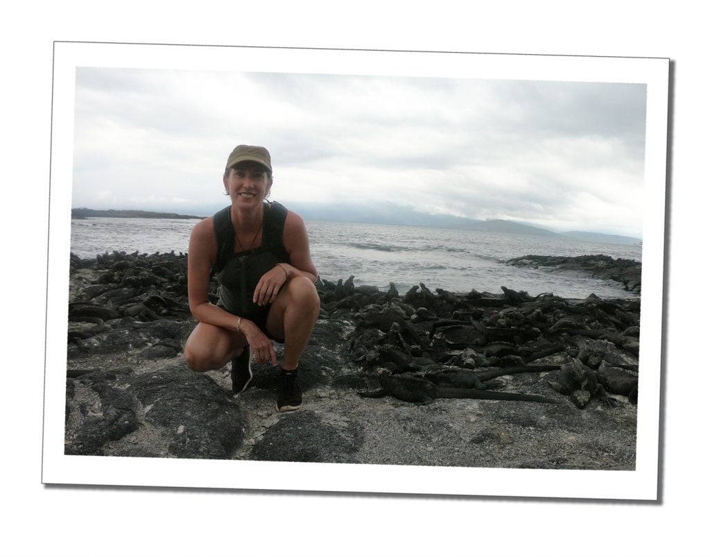A blonde woman in a cap crouching on a rocky beach in front of a group of marine iguana