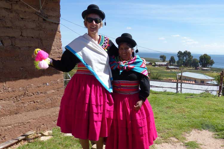 SWWW and Cholita in national costume, Lake Titicaca, Peru
