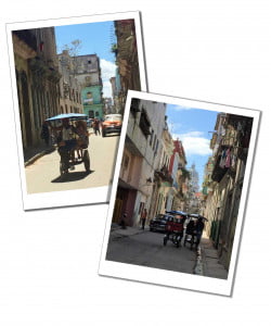 2 views of the thin vibrant streets of Havana in Cuba, with people, vintage cars and two seater 'tuc tuc' style 3 wheeled bikes going about their day