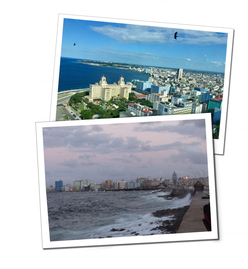 Views of Sunny Malecon Havana with silhouetted birds on the wing and of the beach at dawn