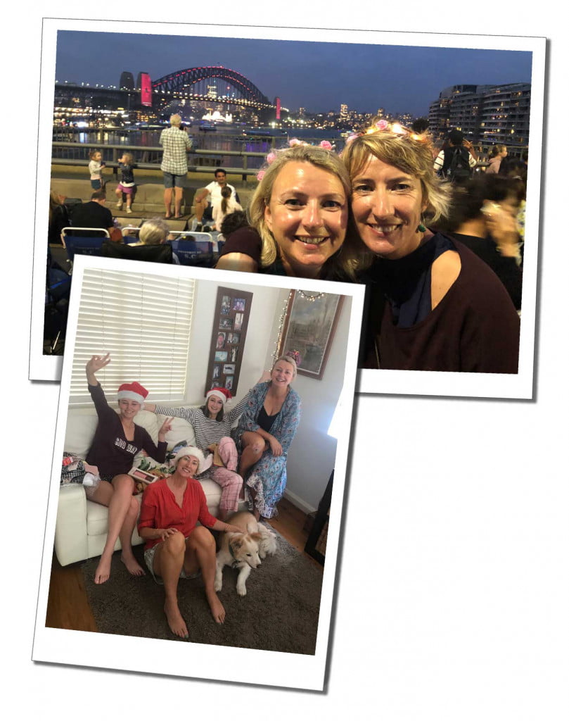 Pictures of two blonde women and a family group on a setee