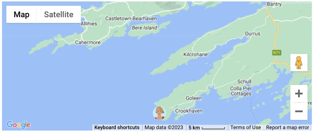 A close up Map of the Southern tip of Ireland , showing the coast with a blonde woman avatar