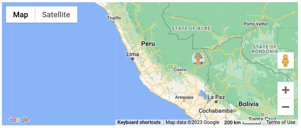 A close up Map of Peru, showing the coast and Lima, with an avatar of a blonde woman