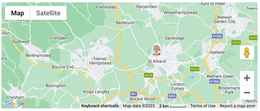 A map with a blonde woman avatar on it near St Albans in the UK 