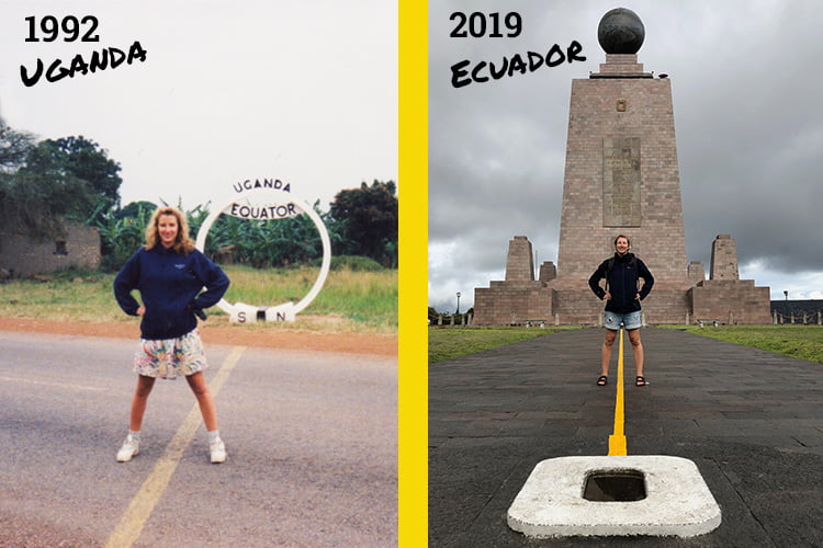 Two pictures of a young and older woman standing astride the yellow line of the equator one says 1992 Uganda, the other 2019 Ecuador