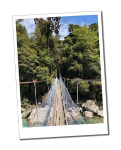 A thin chain link bridge leading over a raging azure gorge to the santuary of green trees on the opposite bank