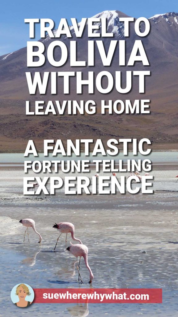A flock of Pink Flamingoes grazing in the water in front of snow capped mountains, Salt flats, Bolivia with a white text overlay