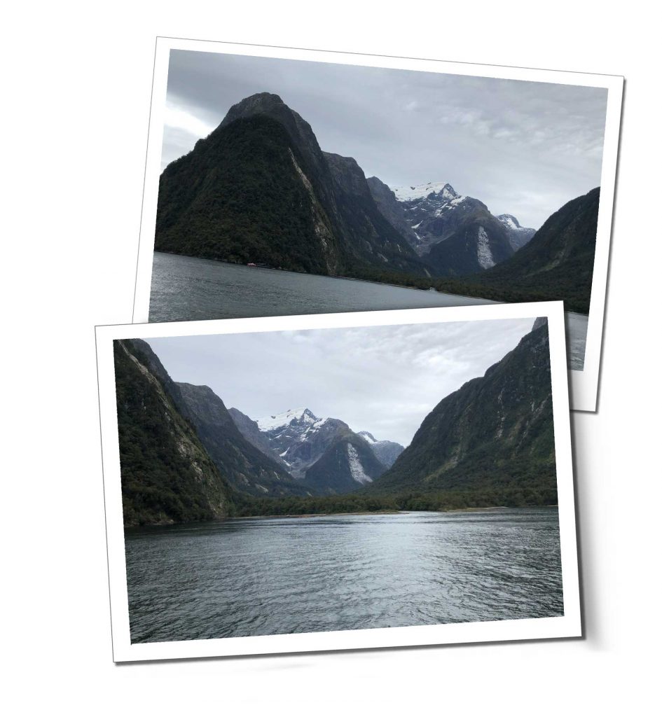 The giant imposing peaks of Harrison Cove rising from the waters edge
