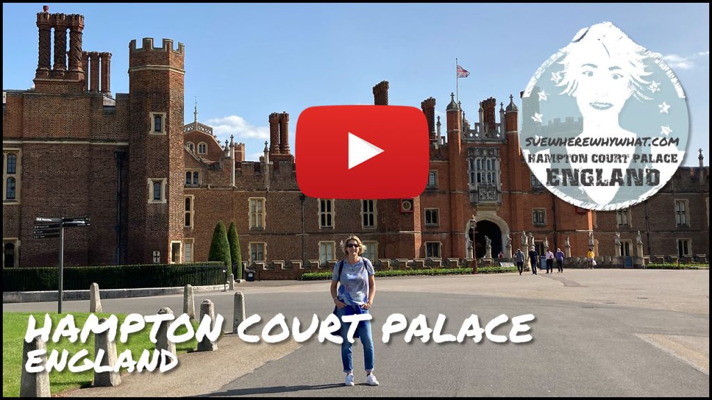 A blonde woman standing outside Hampton Court palace on the tarmac on a sunny day with a union jack flying from the flag pole, with white text overlay and red YouTube button
