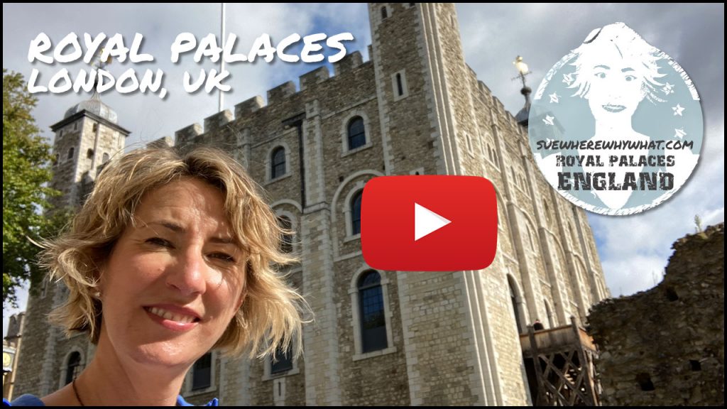 A Smiling blonde woman standing in front of the Tower of London with a large red youtube button and white text overlay