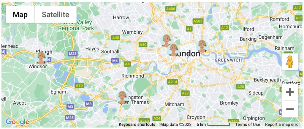 A zoomed in map of Greater London with 5 avatars of a blonde woman depicting where the palaces are