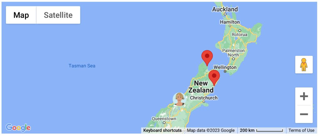 A map of New Zealand with an avatar of blonde woman on the South Island
