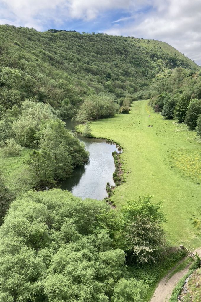 a view from a bridge over a green hillside and thin winding river