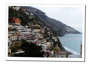 The stepped houses, leading to the shore of the Amalfi Coast of Italy