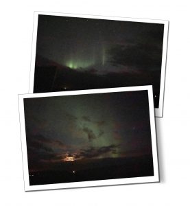 Two pictures of a dark sky light up by distant natural lights