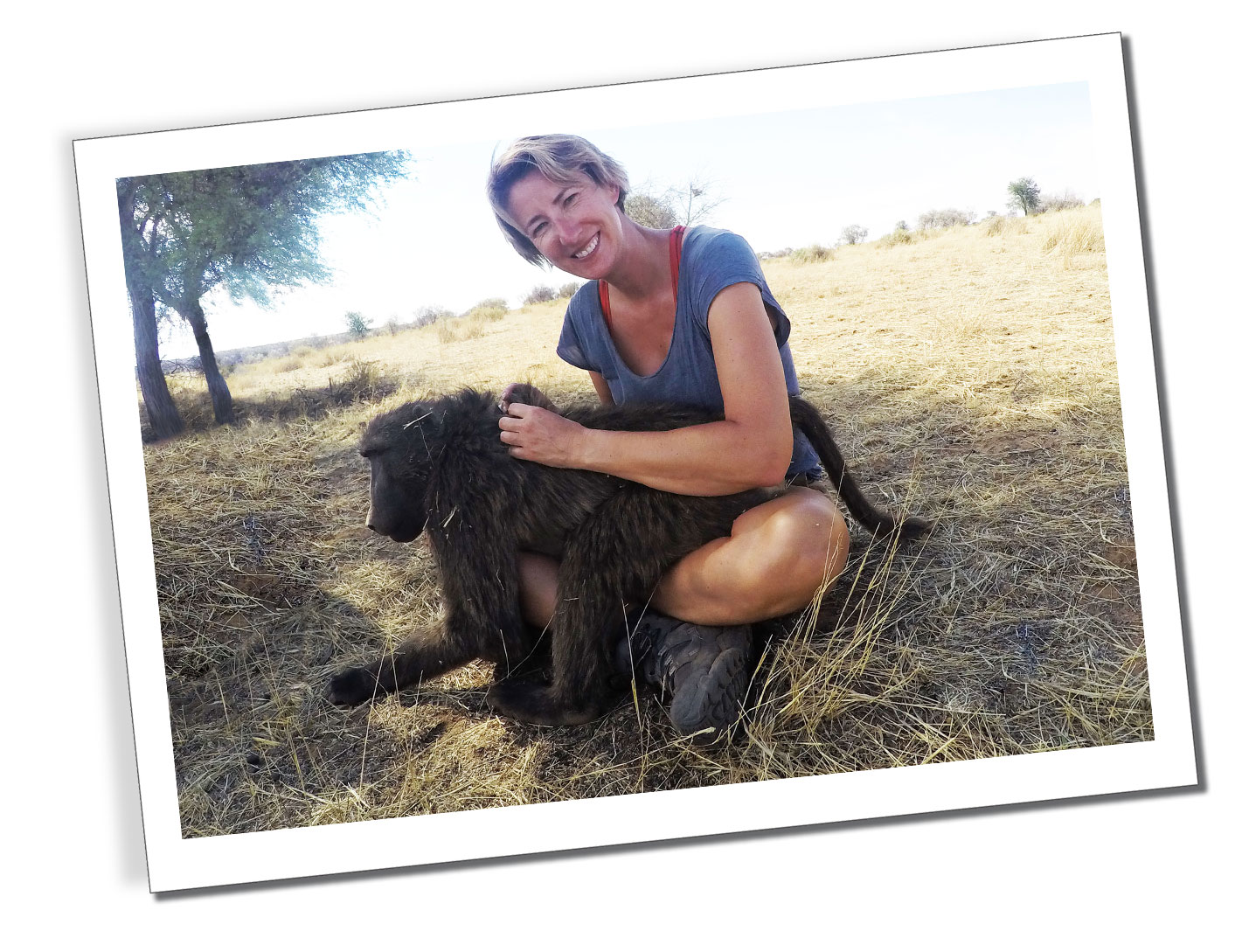 A blonde woman sitting under the shade of a tree in a dusty setting, stoking a baboon