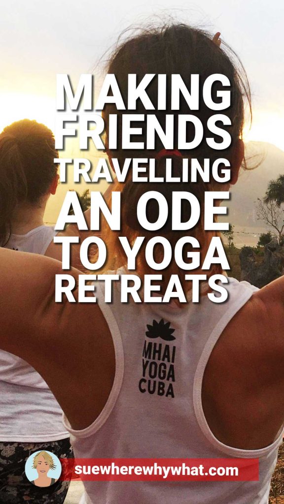 A group of women practising yoga on a high hillside with a white text overlay