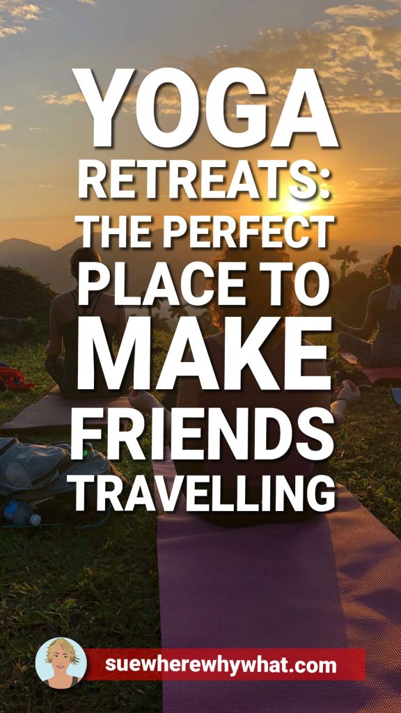 A group of women at sunrise silhouetted practising yoga on a high hillside with a white text overlay