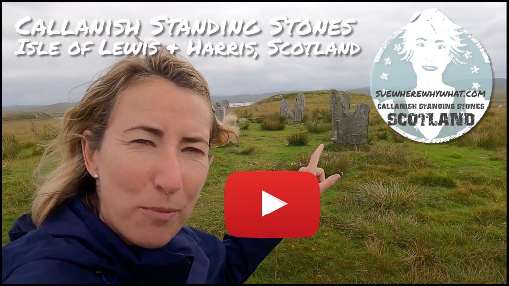 A blonde woman pointing to standing stones on a desolate moorland with a white text overlay and red youtube button