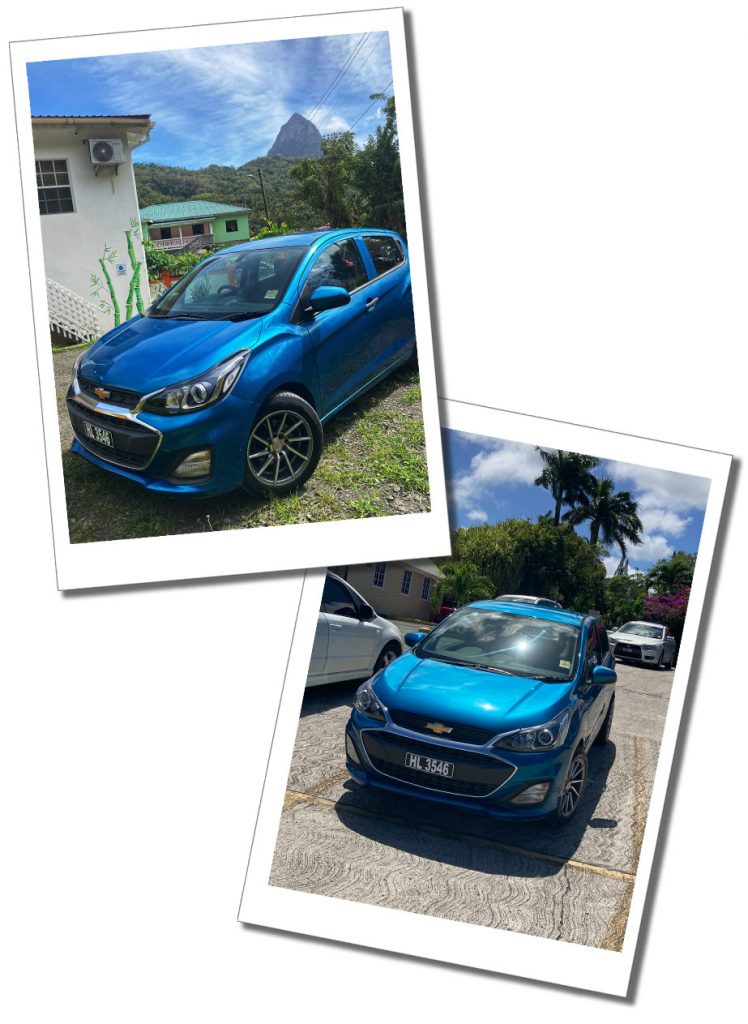 A metallic blue chevrolet car parked beside palm trees