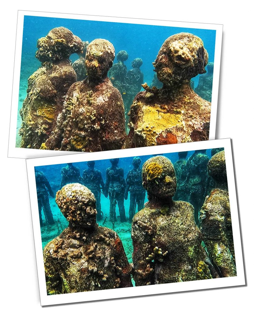 A ring of sculptures depicting stone people standing in a ring in an underwater scene in Grenada