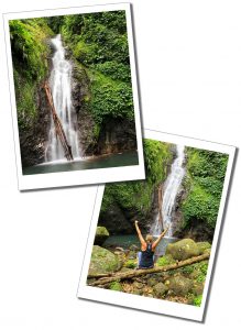 2 views of cascading waterfalls into green tropical pools one with a woman watching sitting with her arms raised