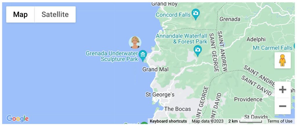 A map zoomed in on
on the caribbean island of St Lucia focusing on the Molienere Underwater Sculpture park