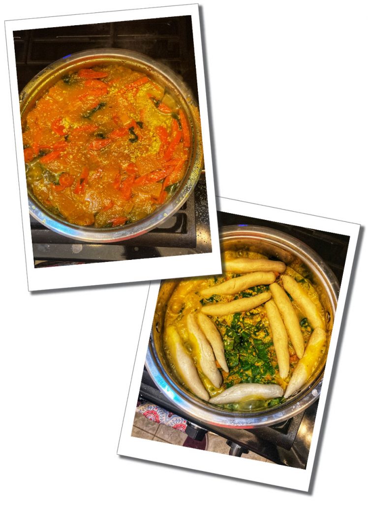 Two bubbling hot pans of food on a gas stove taken from above