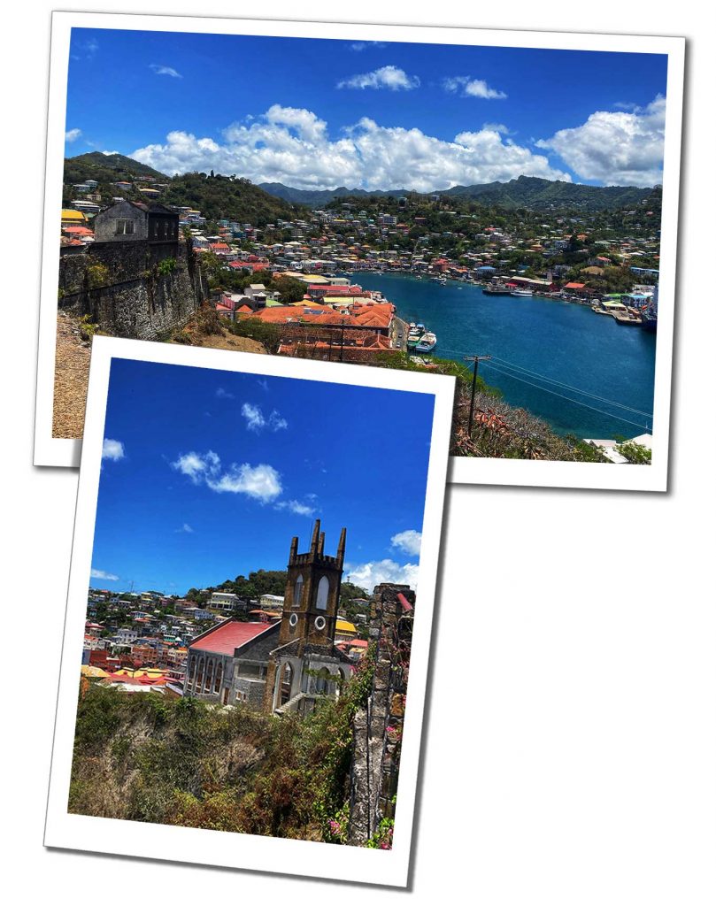2 views of a Caribbean harbour with a dark blue and cloudy sky