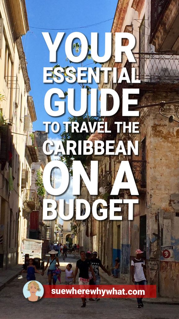 A shady cuban street with a group of people walking towards the camera. With a large white text overlay